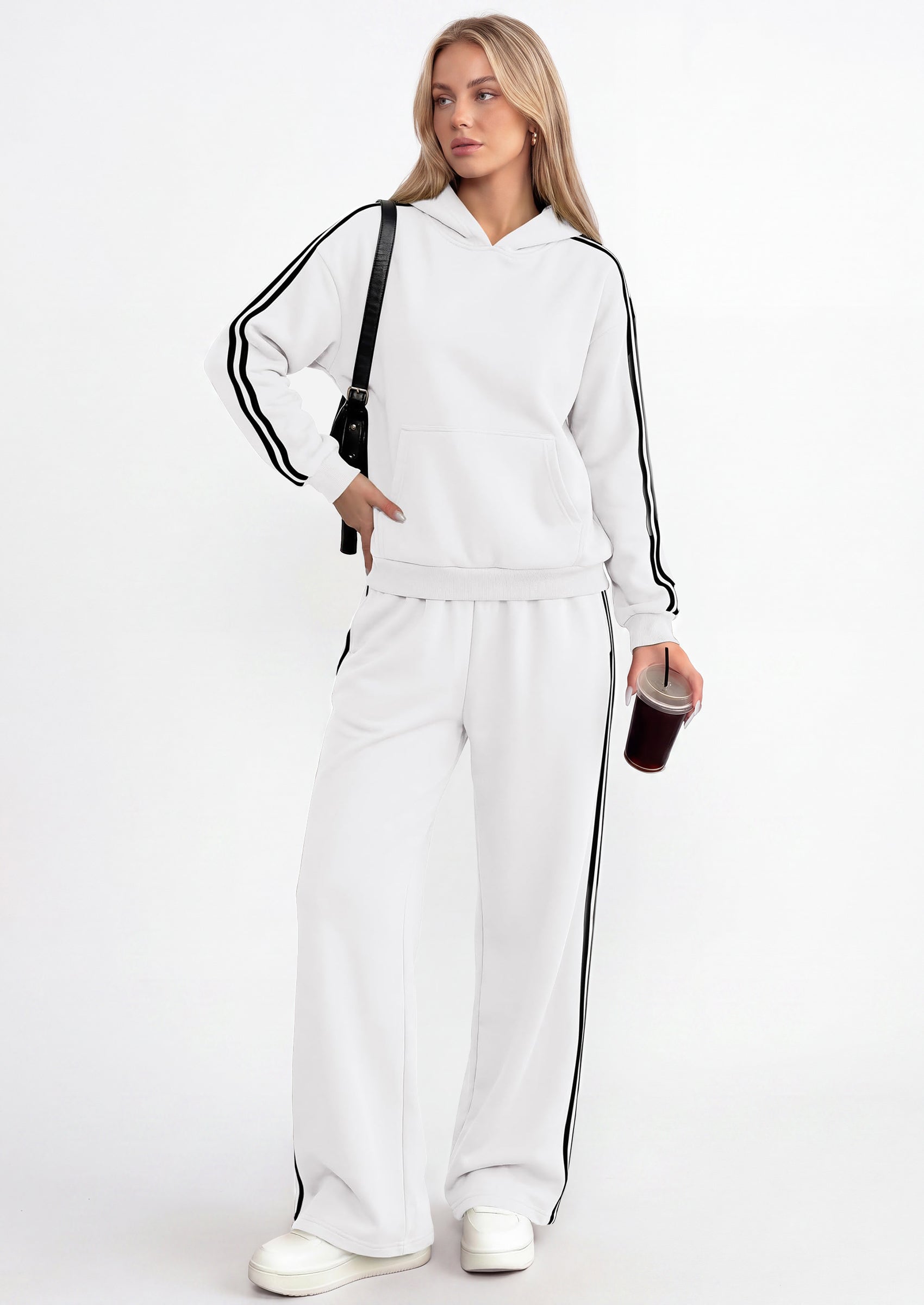 PRETTYGARDEN Women's Sweatsuits Set 2 Piece Striped Hoodie Wide Leg Sweatpants Y2K Retro Casual Tracksuits Travel Fall Outfit