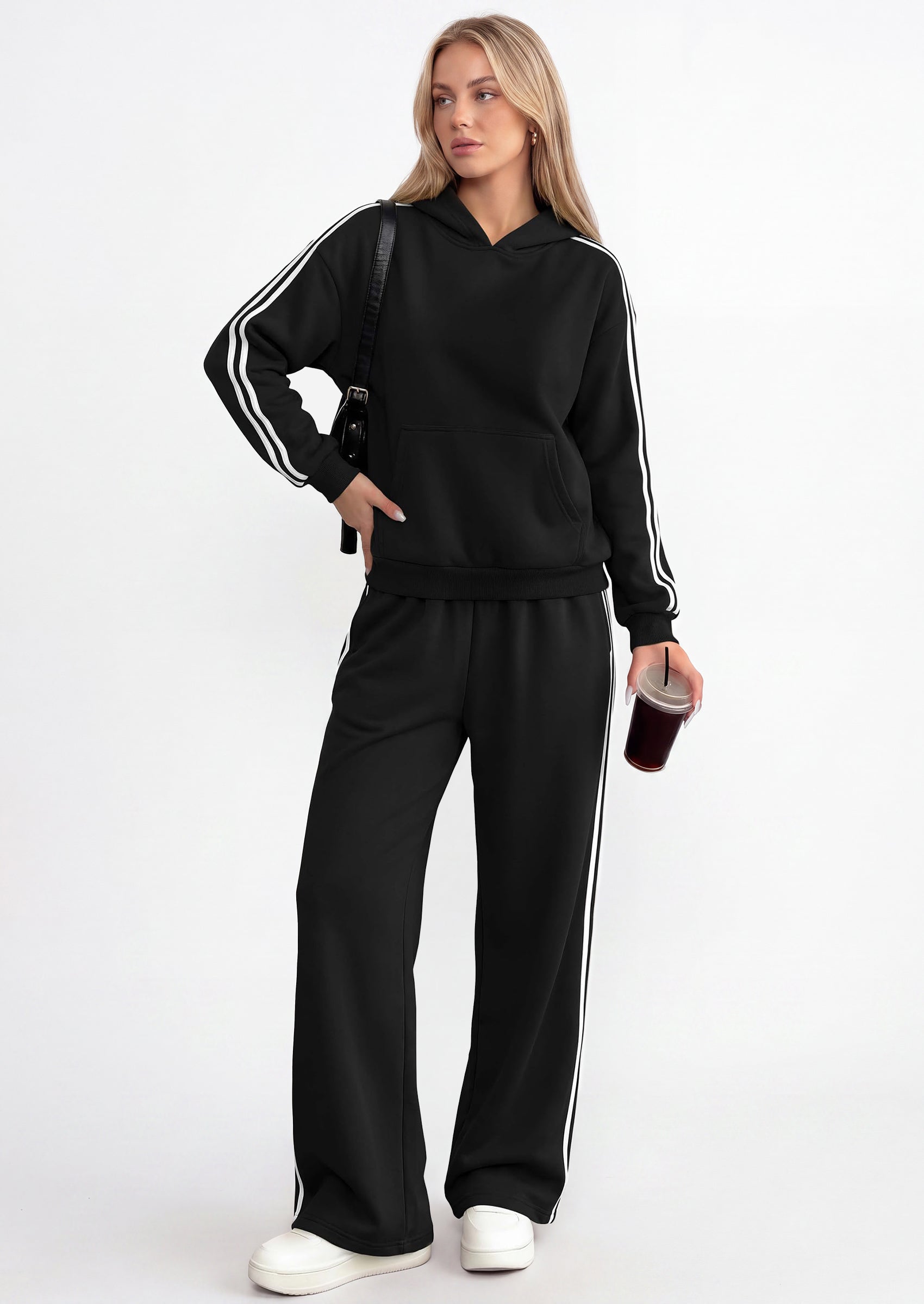 PRETTYGARDEN Women's Sweatsuits Set 2 Piece Striped Hoodie Wide Leg Sweatpants Y2K Retro Casual Tracksuits Travel Fall Outfit