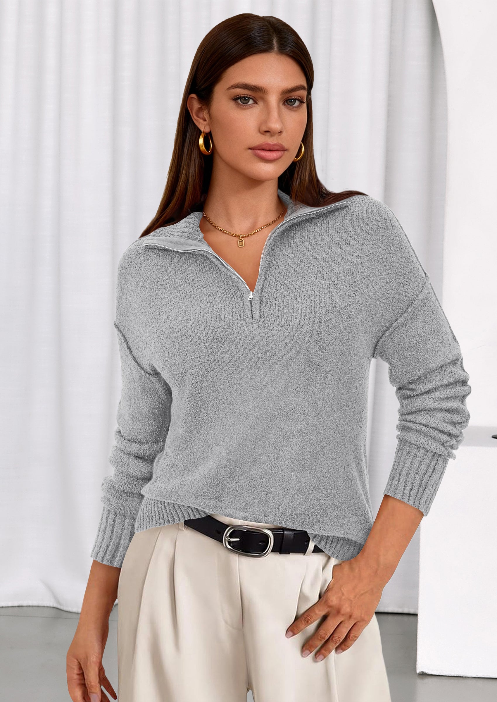 PRETTYGARDEN Womens Sweaters Quarter Zip Pullover Early Fall Fashion L