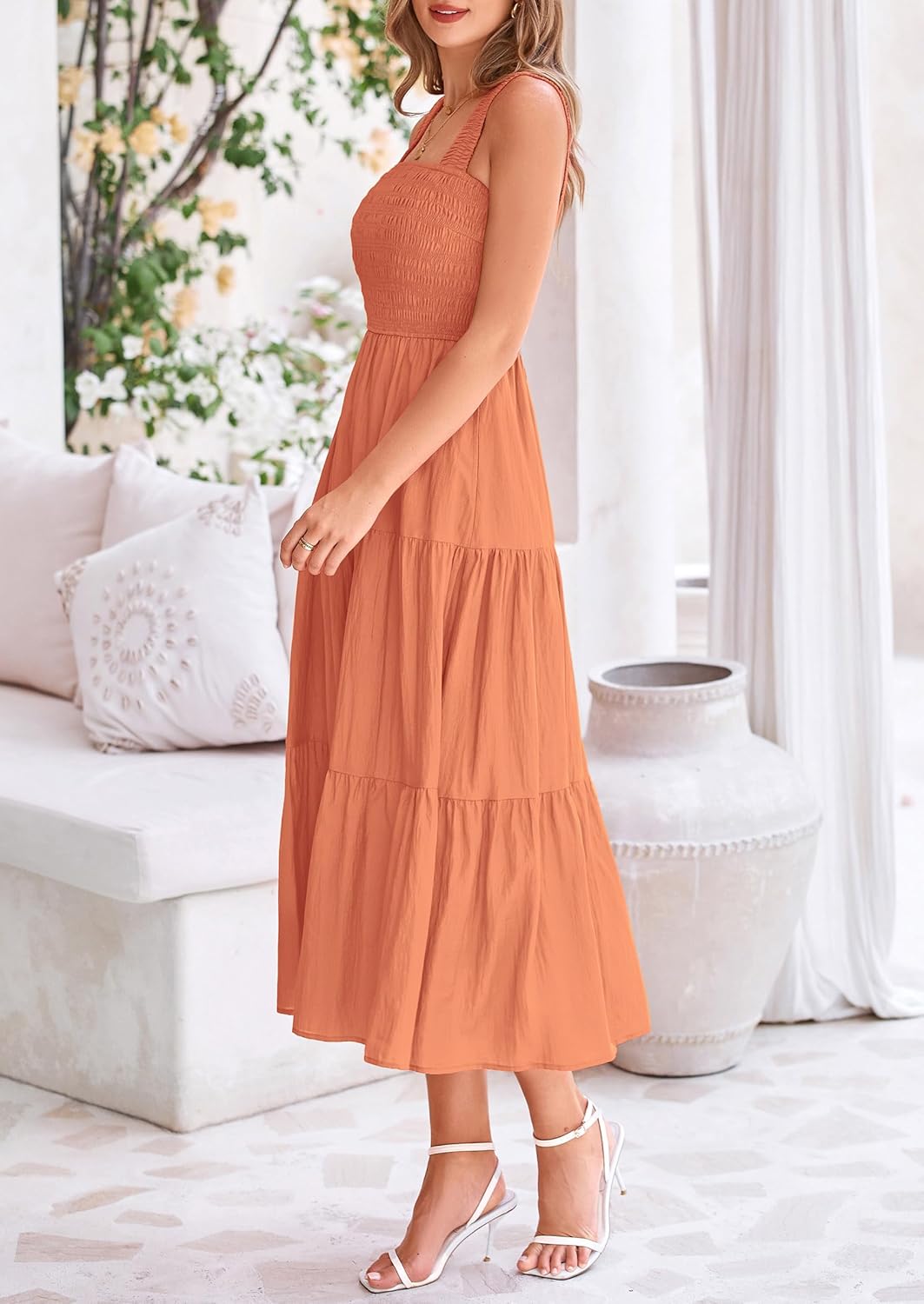 Womens Smocked Summer  Ruffle A Line Long Flowy Dresses Cute Sleeveless Beach Sundress Midi Dress