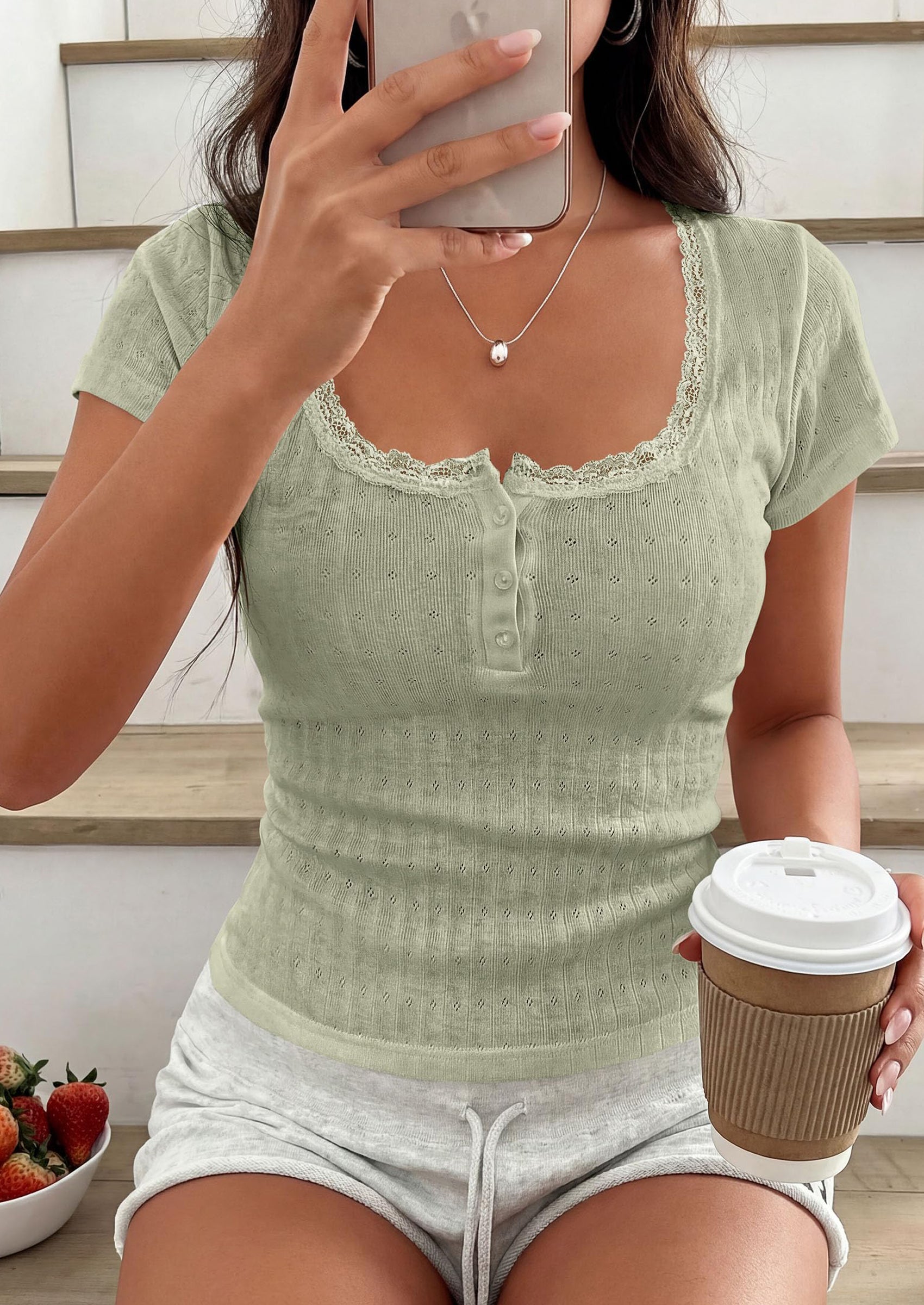 PRETTYGARDEN Summer Tops for Women Short Sleeve Lace Trim Slim Fitted Henley Tee Shirts Y2K Fashion Clothing PRETTYGARDEN