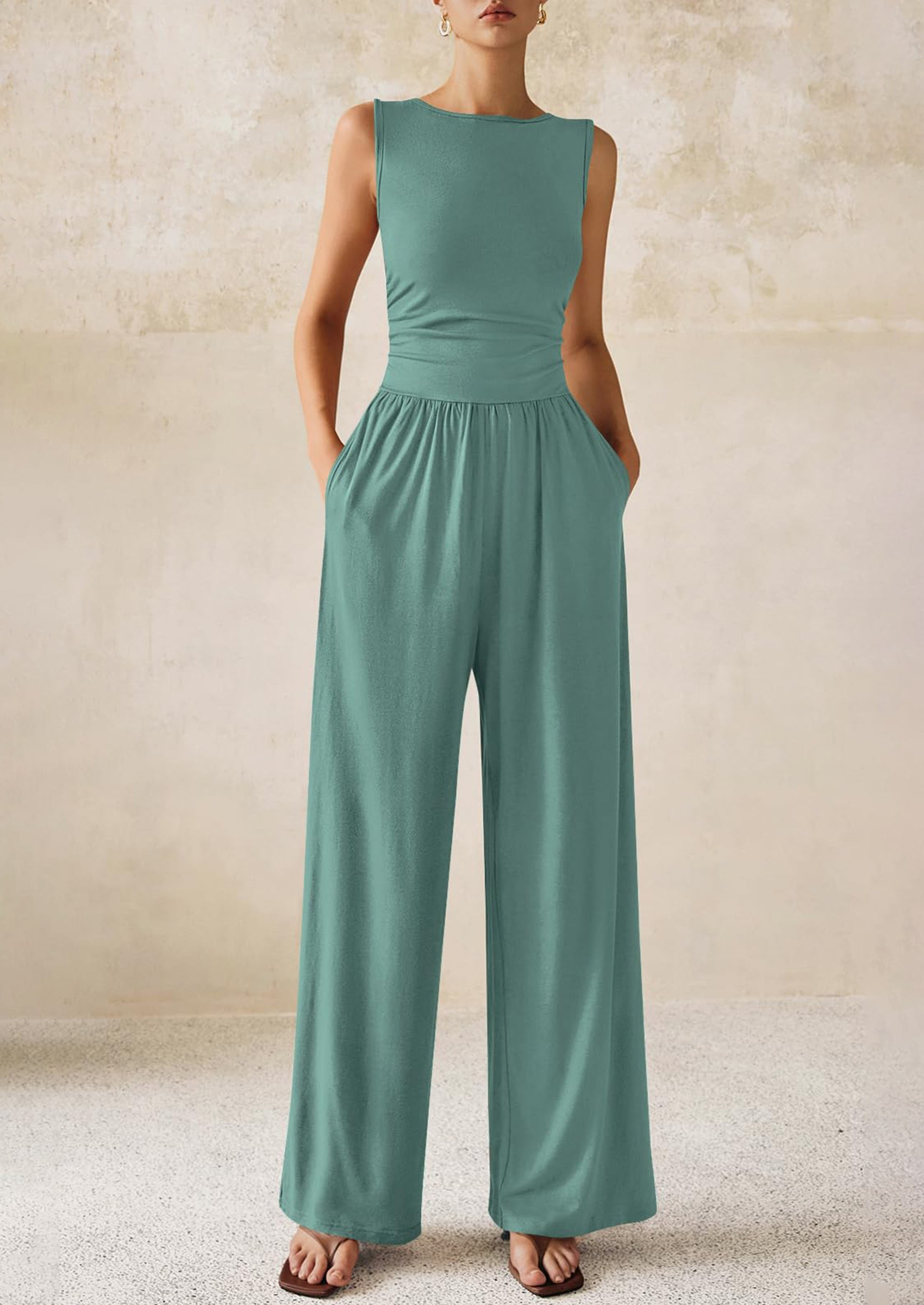 PRETTYGARDEN One Piece Jumpsuits for Women Dressy Casual Sleeveless Crewneck Wide Leg Rompers Jumpers Vacation Summer Outfits