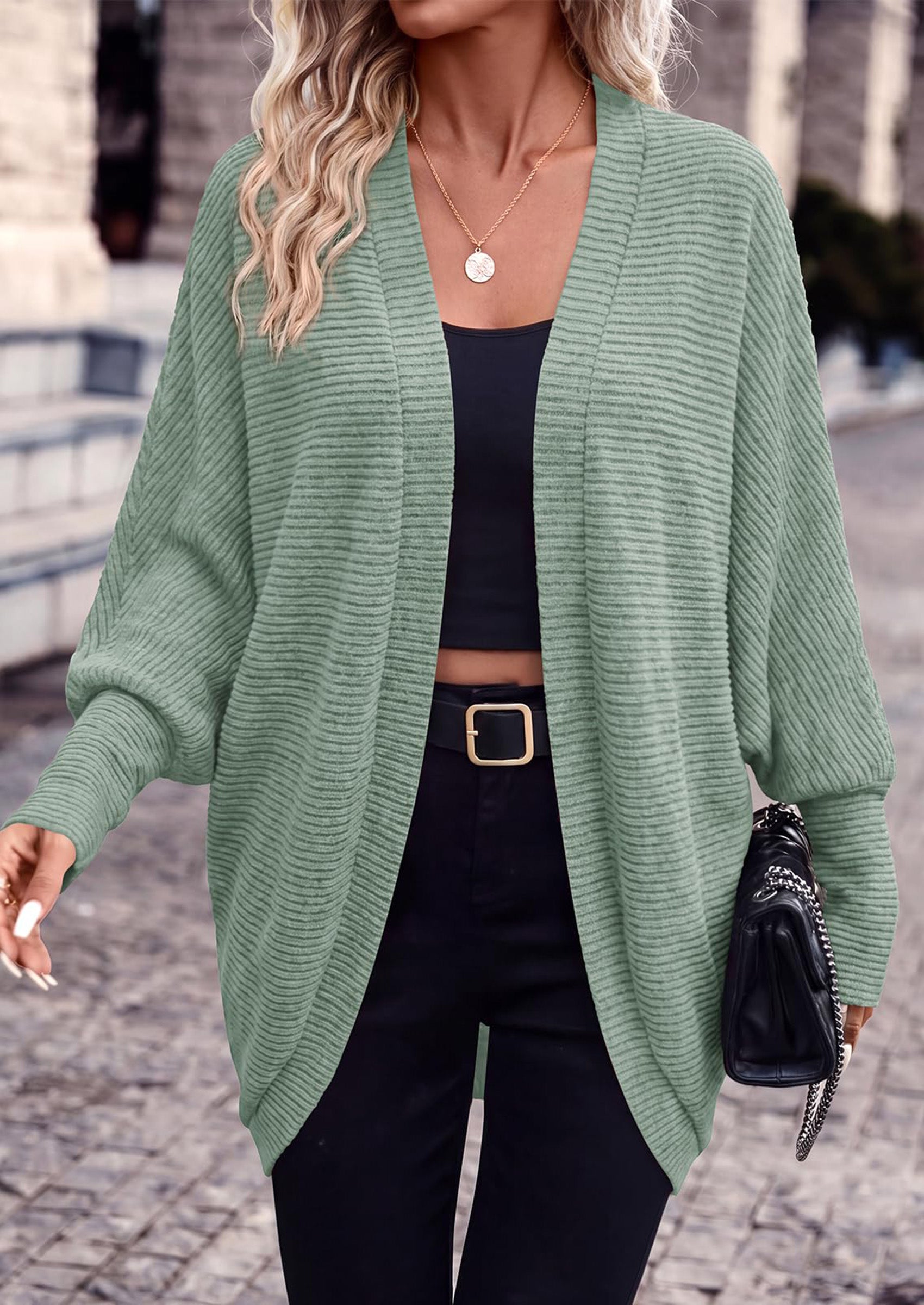 PRETTYGARDEN Batwing Long Sleeve Lightweight Cardigan Sweaters for Women Batwing Sleeve Long Cardigans Loose Fit Soft Ribbed Knit Light Weight Sweater Early Fall Fashion Streetwear Travel Outfits