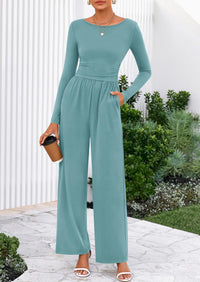 PRETTYGARDEN One Piece Jumpsuits for Women Dressy Casual Long Sleeve Crewneck Wide Leg Romper Overalls Spring Outfits