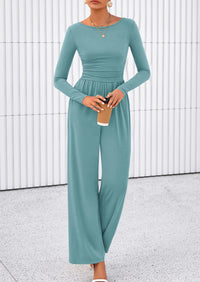 PRETTYGARDEN One Piece Jumpsuits for Women Dressy Casual Long Sleeve Crewneck Wide Leg Romper Overalls Spring Outfits