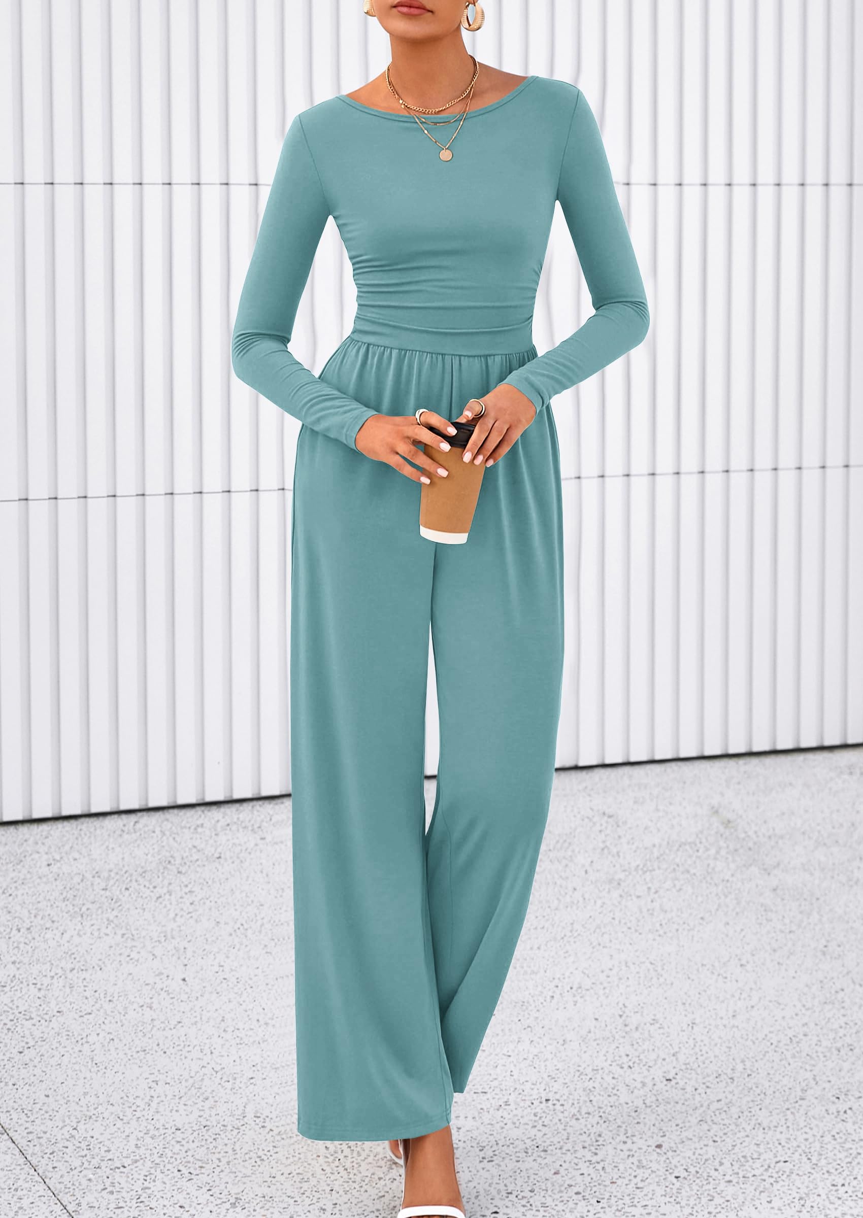 PRETTYGARDEN One Piece Jumpsuits for Women Dressy Casual Long Sleeve Crewneck Wide Leg Romper Overalls Spring Outfits