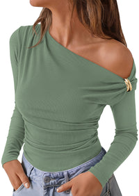 PRETTYGARDEN Womens Off The Shoulder Tops Long Sleeve Shirts | Soft Stretchy Ribbed, Slim Fit Ruched Waist, Sexy Asymmetrical Blouses, Going Out Top, Date Night Outfit, Fall Dressy Casual