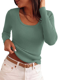 PRETTYGARDEN Women's Fall Lightweight Ribbed Knit Sweaters | Stretchy Cozy Knitwear,Scalloped Scoop Neck,Long Sleeve Shirts,Slim Fitted Pullover,Basic Layering Tops,Cute Casual Outfits