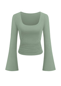 PRETTYGARDEN Womens Long Bell Sleeve Going Out Tops Fall Fashion 2026 Square Neck Ruched Ribbed Shirts Winter Y2K Clothes