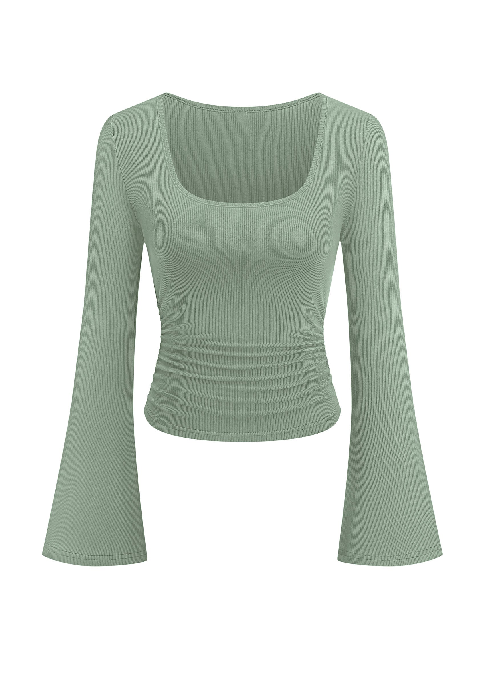 PRETTYGARDEN Womens Long Bell Sleeve Going Out Tops Fall Fashion 2026 Square Neck Ruched Ribbed Shirts Winter Y2K Clothes