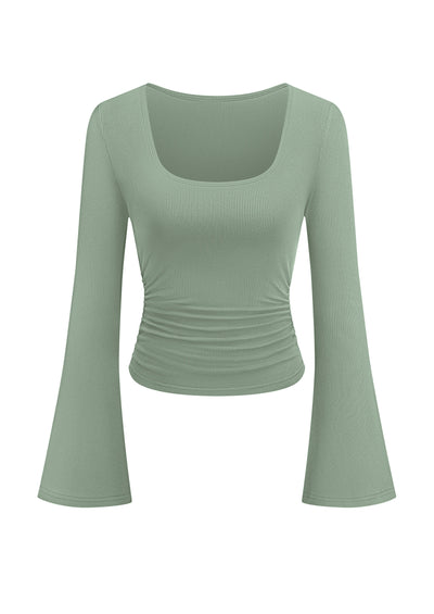 PRETTYGARDEN Womens Long Bell Sleeve Going Out Tops Fall Fashion 2026 Square Neck Ruched Ribbed Shirts Winter Y2K Clothes