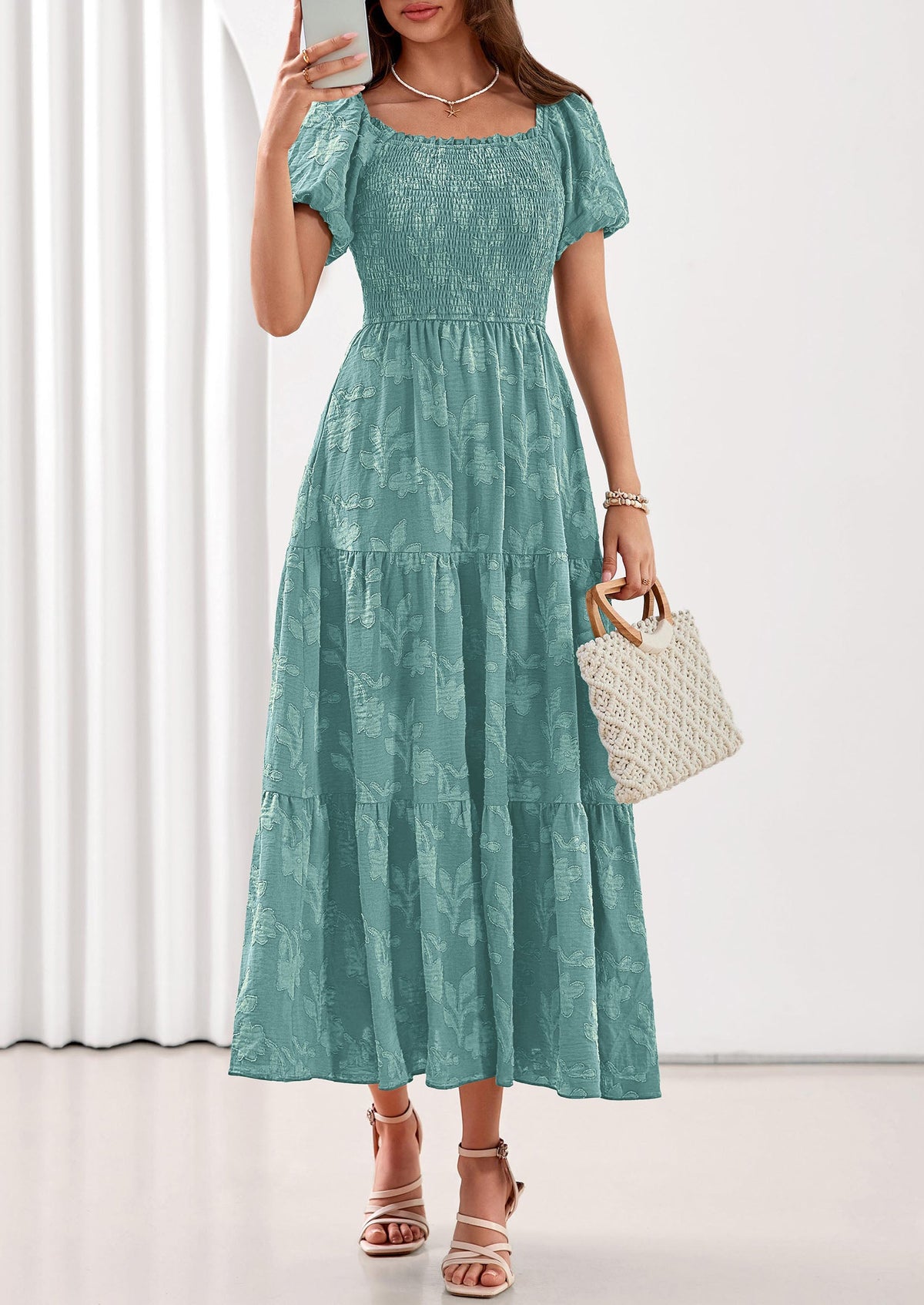 PRETTYGARDEN Women's 2026 Summer Boho Maxi Dresses Floral Short Sleeve Square Neck Smocked Flowy Long Dress Vacation Outfits PRETTYGARDEN