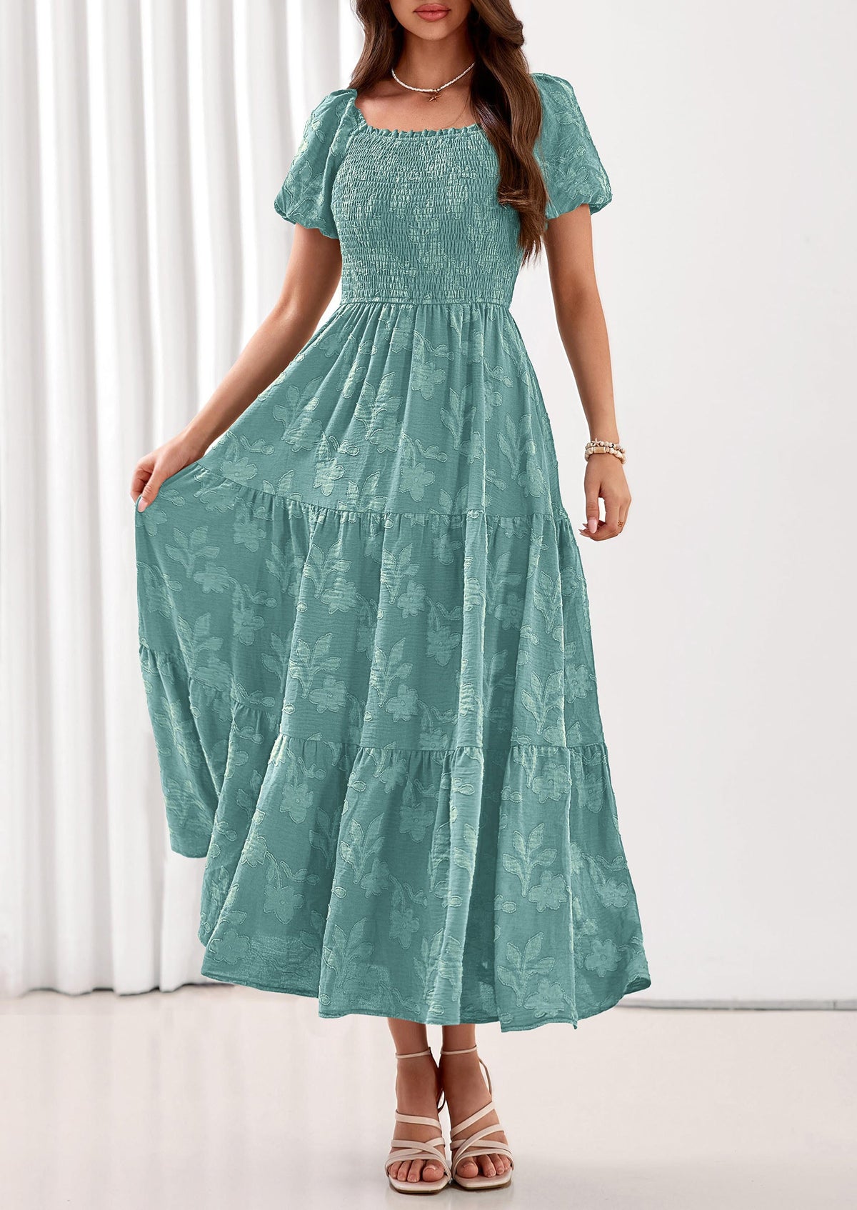 PRETTYGARDEN Women's 2026 Summer Boho Maxi Dresses Floral Short Sleeve Square Neck Smocked Flowy Long Dress Vacation Outfits PRETTYGARDEN
