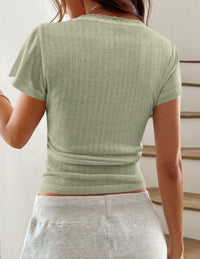 PRETTYGARDEN Summer Tops for Women 2026 Short Sleeve Lace Trim Slim Fitted Henley Tee Shirts Y2K Fashion Clothing PRETTYGARDEN