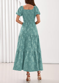 PRETTYGARDEN Women's 2026 Summer Boho Maxi Dresses Floral Short Sleeve Square Neck Smocked Flowy Long Dress Vacation Outfits PRETTYGARDEN