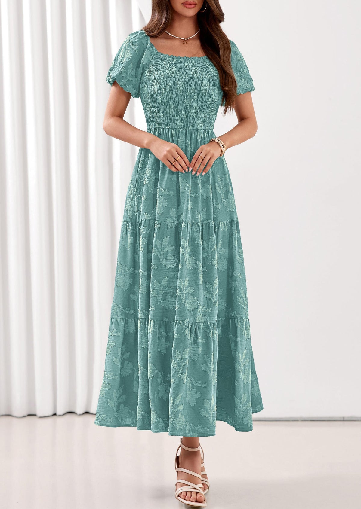 PRETTYGARDEN Women's 2026 Summer Boho Maxi Dresses Floral Short Sleeve Square Neck Smocked Flowy Long Dress Vacation Outfits PRETTYGARDEN