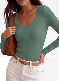 PRETTYGARDEN Women's Fall Lightweight Ribbed Knit Sweaters | Stretchy Cozy Knitwear,Scalloped Scoop Neck,Long Sleeve Shirts,Slim Fitted Pullover,Basic Layering Tops,Cute Casual Outfits