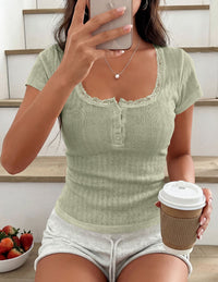 PRETTYGARDEN Summer Tops for Women 2026 Short Sleeve Lace Trim Slim Fitted Henley Tee Shirts Y2K Fashion Clothing PRETTYGARDEN