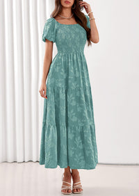 PRETTYGARDEN Women's 2026 Summer Boho Maxi Dresses Floral Short Sleeve Square Neck Smocked Flowy Long Dress Vacation Outfits PRETTYGARDEN