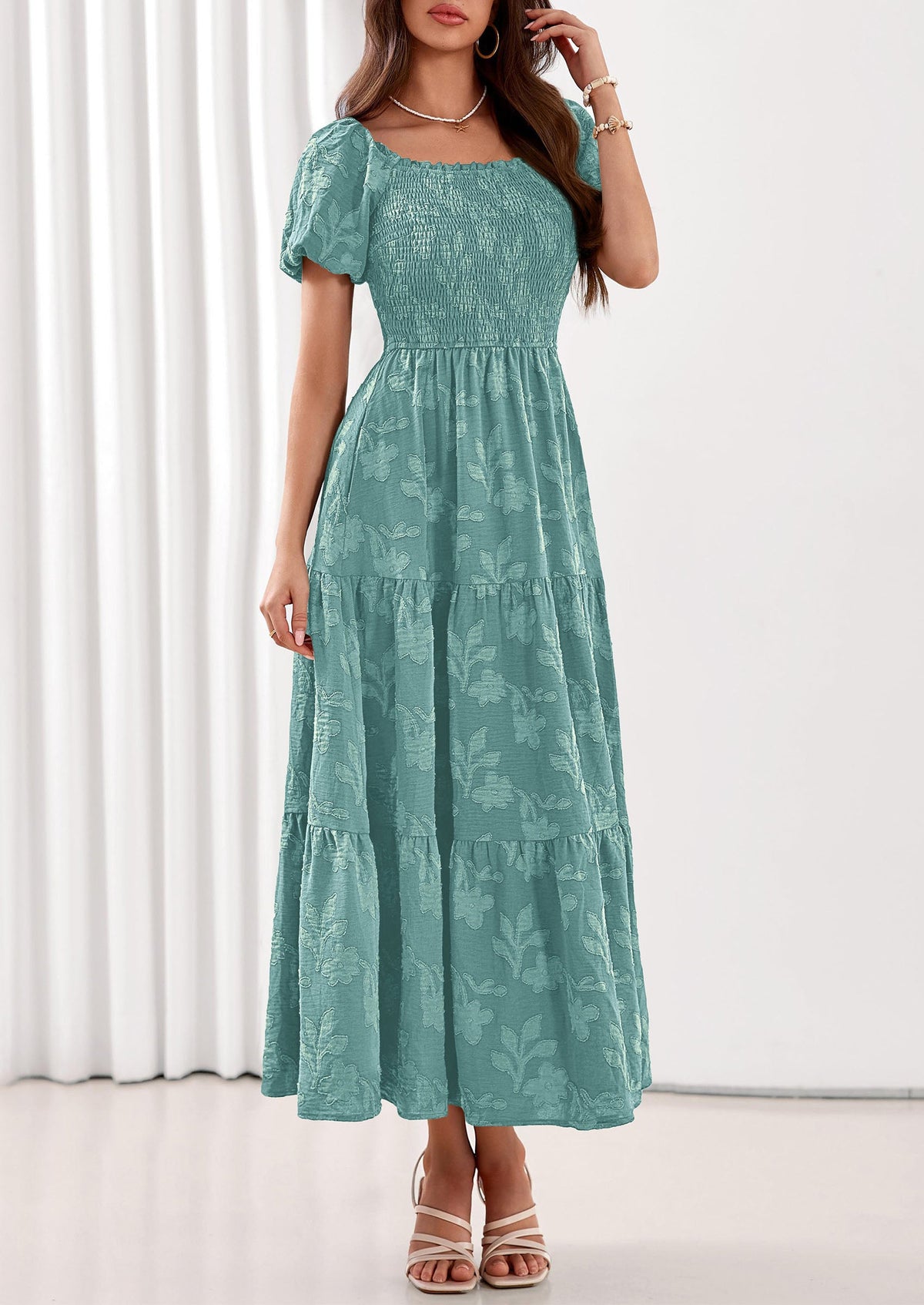 PRETTYGARDEN Women's 2026 Summer Boho Maxi Dresses Floral Short Sleeve Square Neck Smocked Flowy Long Dress Vacation Outfits PRETTYGARDEN