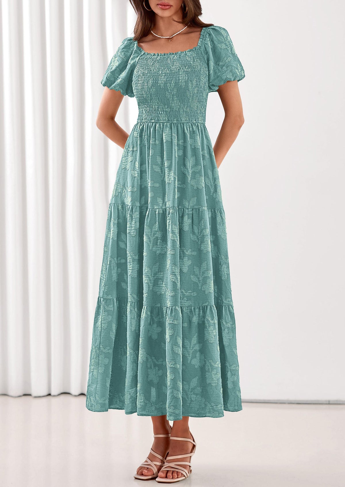 PRETTYGARDEN Women's 2026 Summer Boho Maxi Dresses Floral Short Sleeve Square Neck Smocked Flowy Long Dress Vacation Outfits PRETTYGARDEN