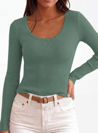 PRETTYGARDEN Women's Fall Lightweight Ribbed Knit Sweaters | Stretchy Cozy Knitwear,Scalloped Scoop Neck,Long Sleeve Shirts,Slim Fitted Pullover,Basic Layering Tops,Cute Casual Outfits