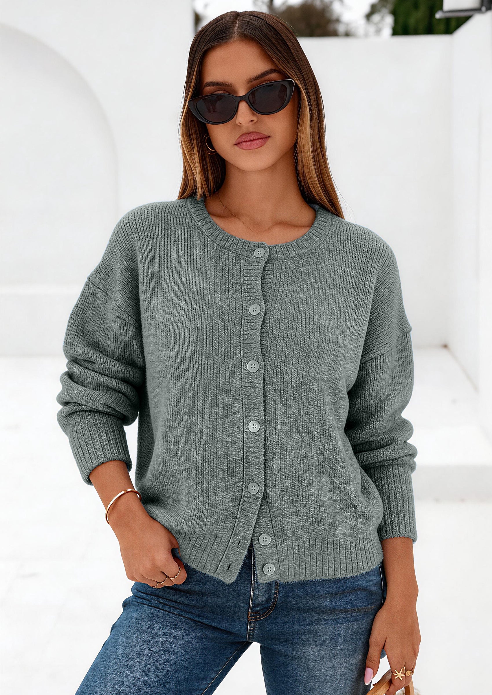 PRETTYGARDEN Long Sleeve Crewneck Button Down Womens Sweaters Fall Open Front Chunky Cardigan Sweaters for Women