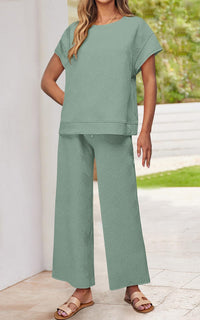 PRETTYGARDEN 2 Piece Outfits For Women Casual Tracksuit Short Sleeve Tops And Wide Leg Long Pants Matching Lounge Sets