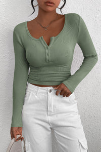 PRETTYGARDEN Women's Spring Fall Long Sleeve Henley T Shirts Button Ribbed Knit Slim Fit Casual Basic Tops Blouse