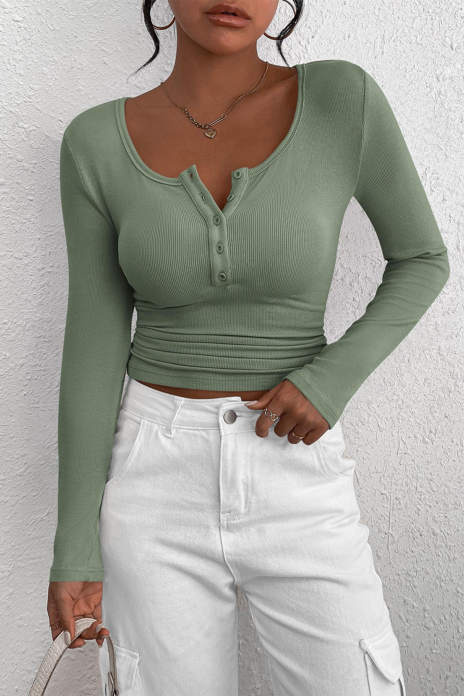 PRETTYGARDEN Women's Spring Fall Long Sleeve Henley T Shirts Button Ribbed Knit Slim Fit Casual Basic Tops Blouse