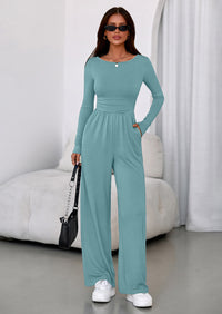 PRETTYGARDEN One Piece Jumpsuits for Women Dressy Casual Long Sleeve Crewneck Wide Leg Romper Overalls Spring Outfits