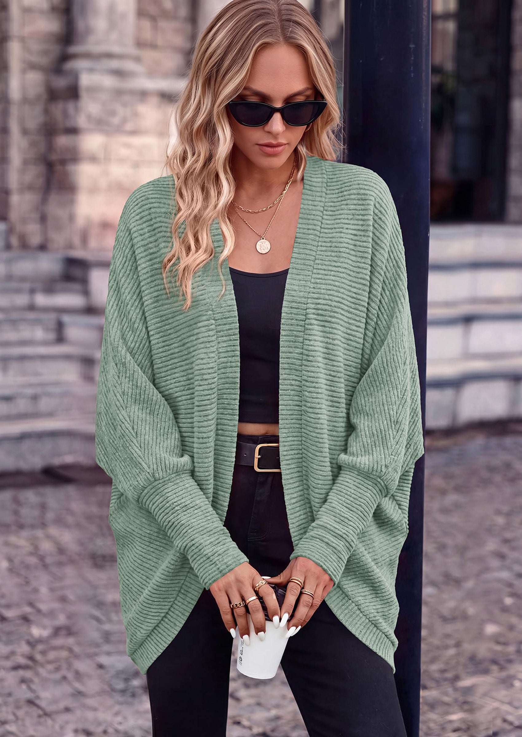 PRETTYGARDEN Batwing Long Sleeve Lightweight Cardigan Sweaters for Women Batwing Sleeve Long Cardigans Loose Fit Soft Ribbed Knit Light Weight Sweater Early Fall Fashion Streetwear Travel Outfits