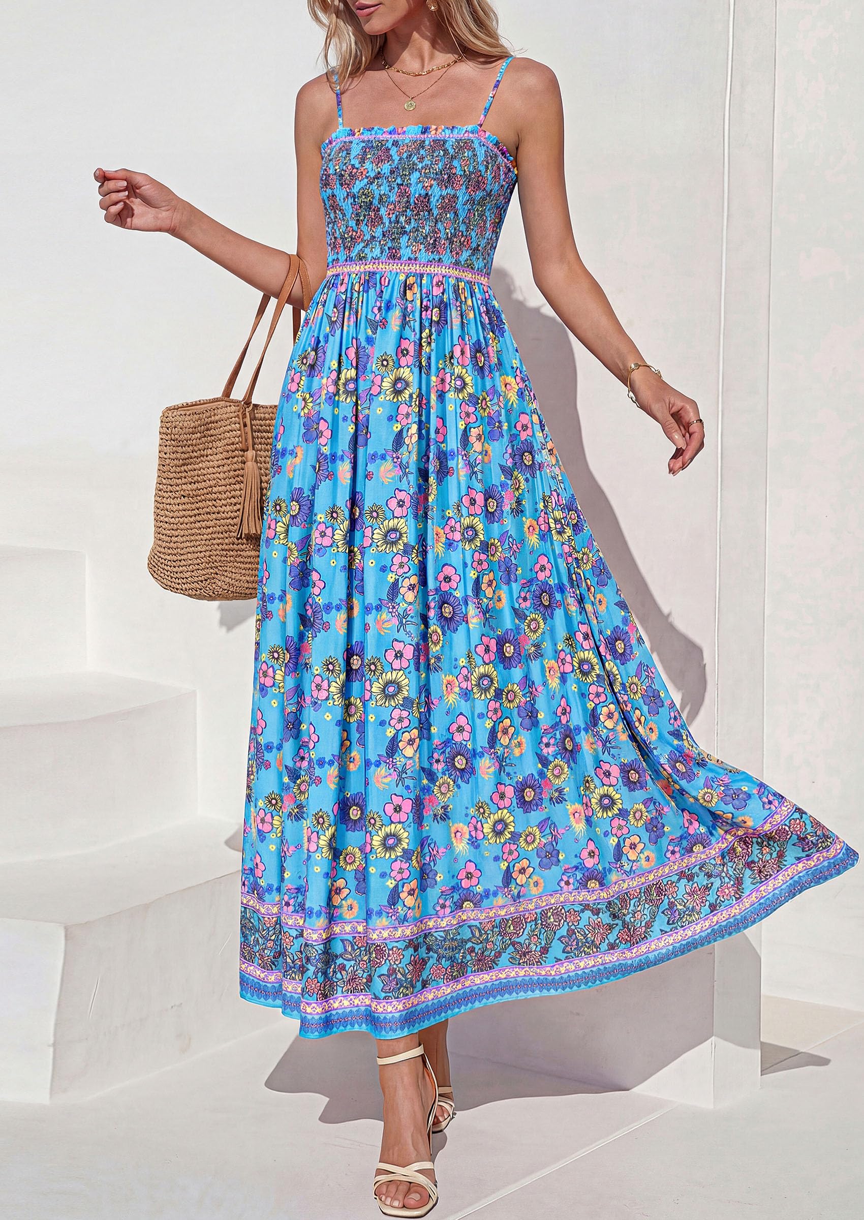 PRETTYGARDEN Womens Floral Maxi Dress Boho Casual Summer Spaghetti Strap Smocked Sleeveless Flowy Beach Vacation Dresses