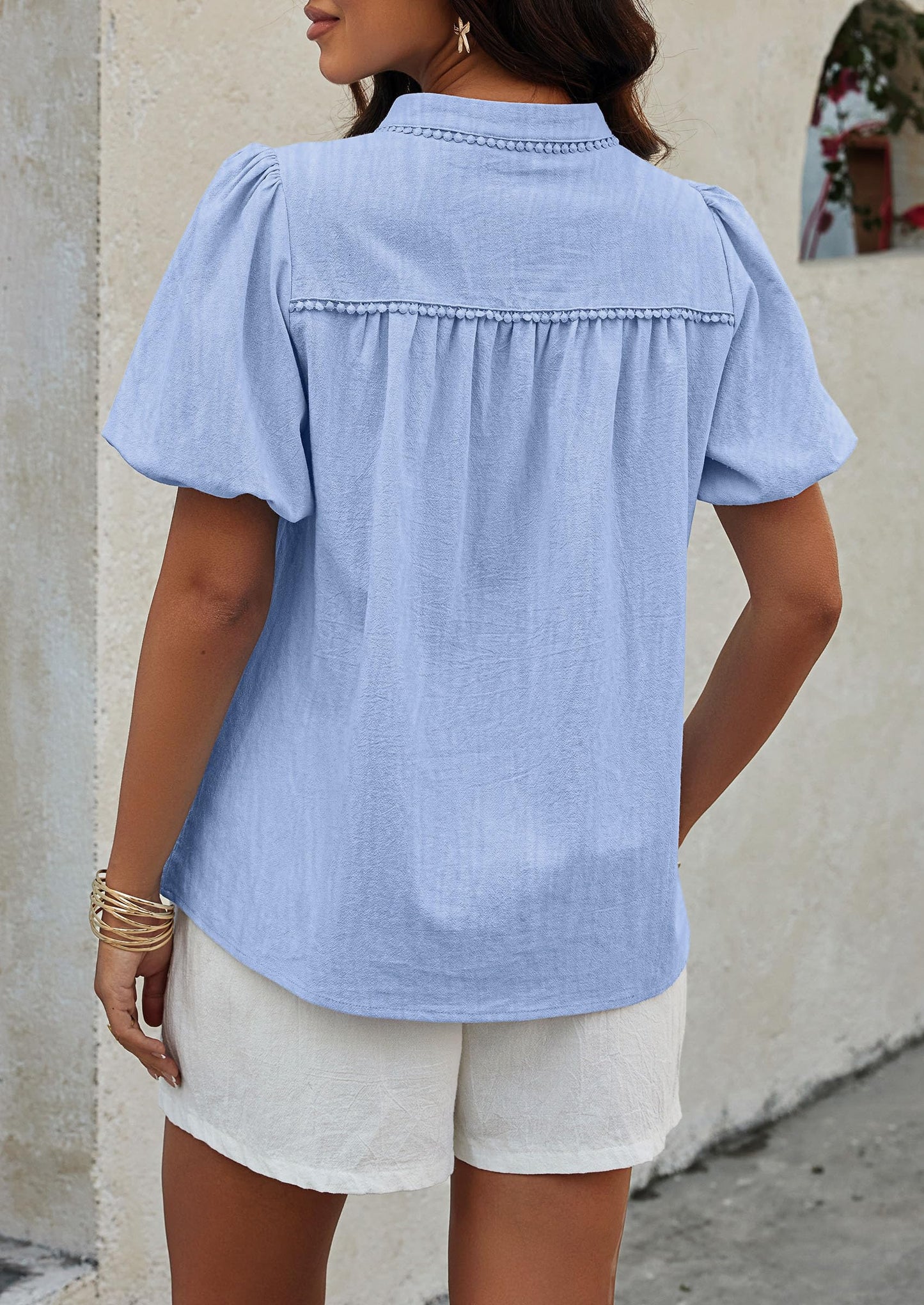 Womens Casual Summer Tops V Neck Short Puff Sleeve Pleated Cotton T Shirts Loose Dressy Blouses