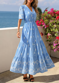 PRETTYGARDEN Womens Summer Boho Maxi Dress Trendy Short Sleeve V Neck Flowy Beach Floral Dresses with Pockets PRETTYGARDEN