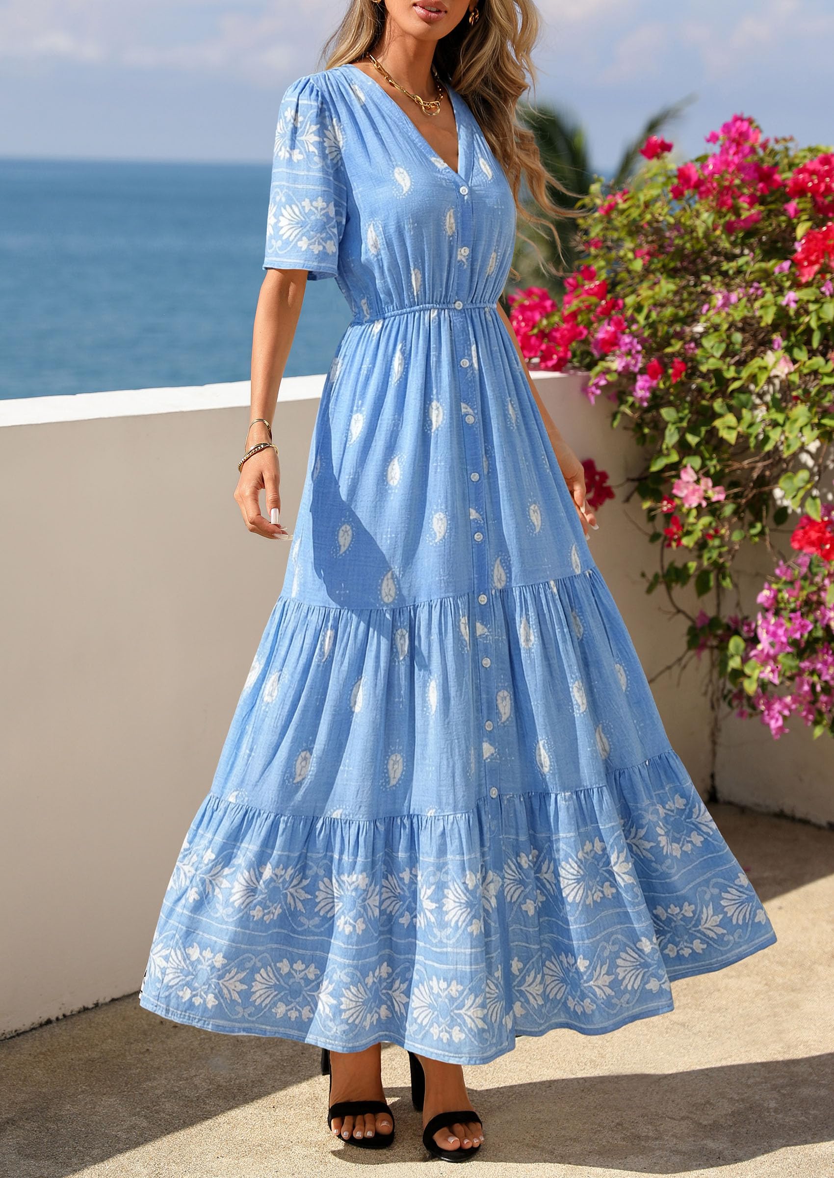 PRETTYGARDEN Womens Summer Boho Maxi Dress Trendy Short Sleeve V Neck Flowy Beach Floral Dresses with Pockets PRETTYGARDEN