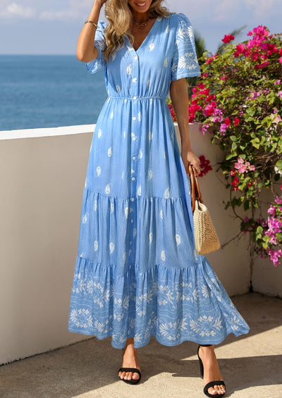 PRETTYGARDEN Womens Summer Boho Maxi Dress Trendy Short Sleeve V Neck Flowy Beach Floral Dresses with Pockets PRETTYGARDEN