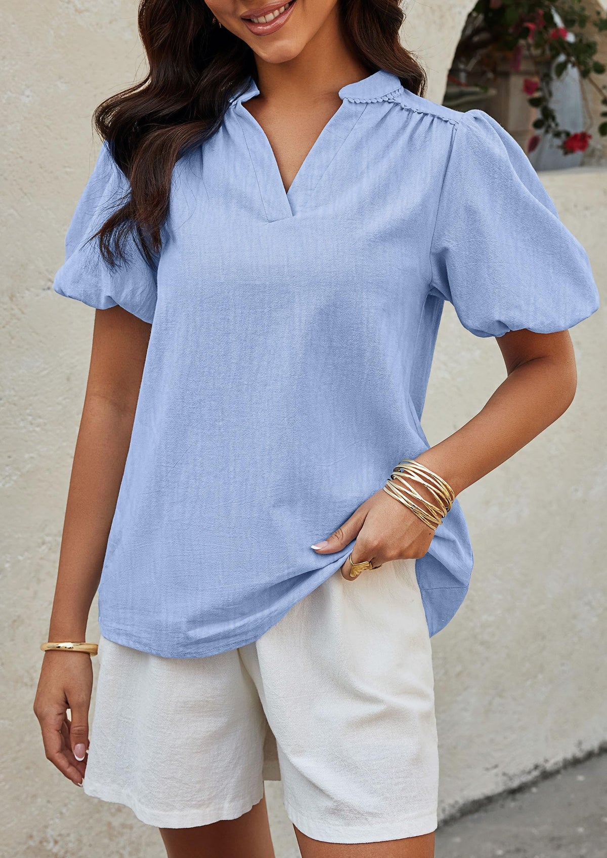 Womens Casual Summer V Neck Short Puff Sleeve Pleated Cotton Loose Dressy Blouses