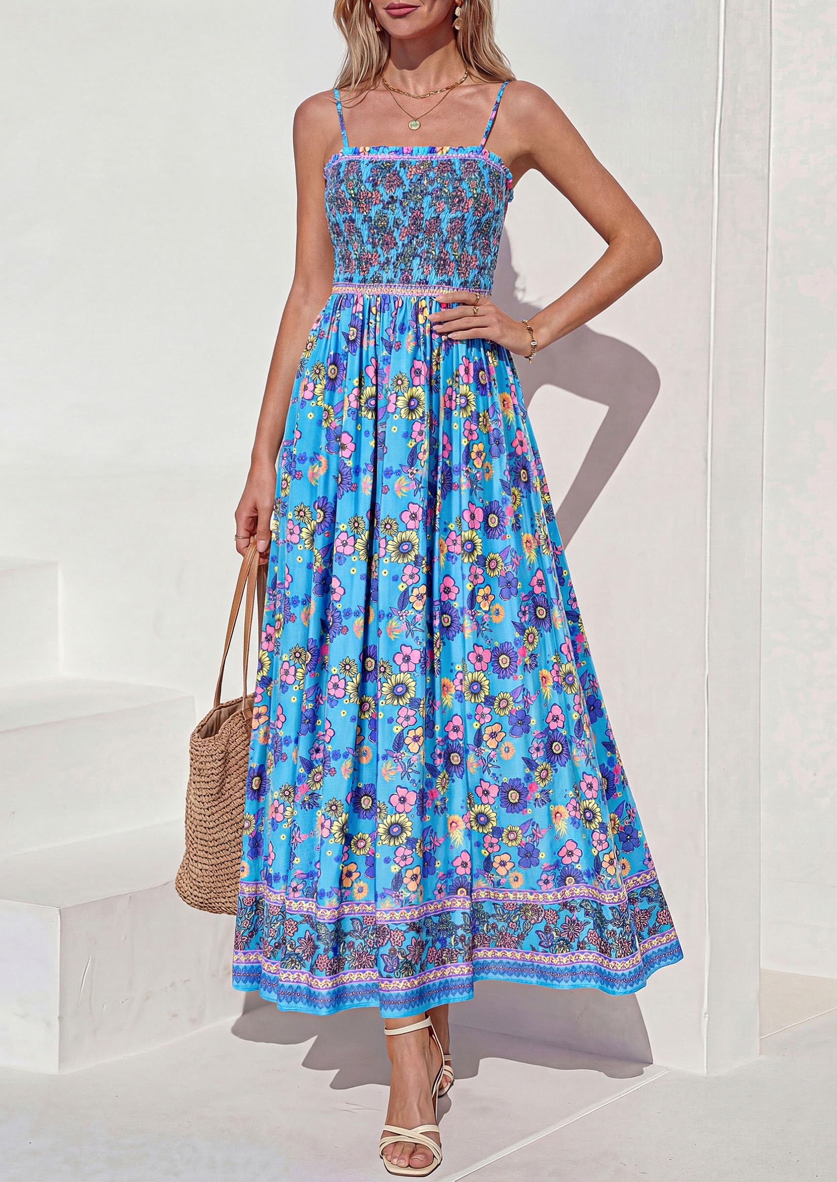 PRETTYGARDEN Womens Floral Maxi Dress Boho Casual Summer Spaghetti Strap Smocked Sleeveless Flowy Beach Vacation Dresses