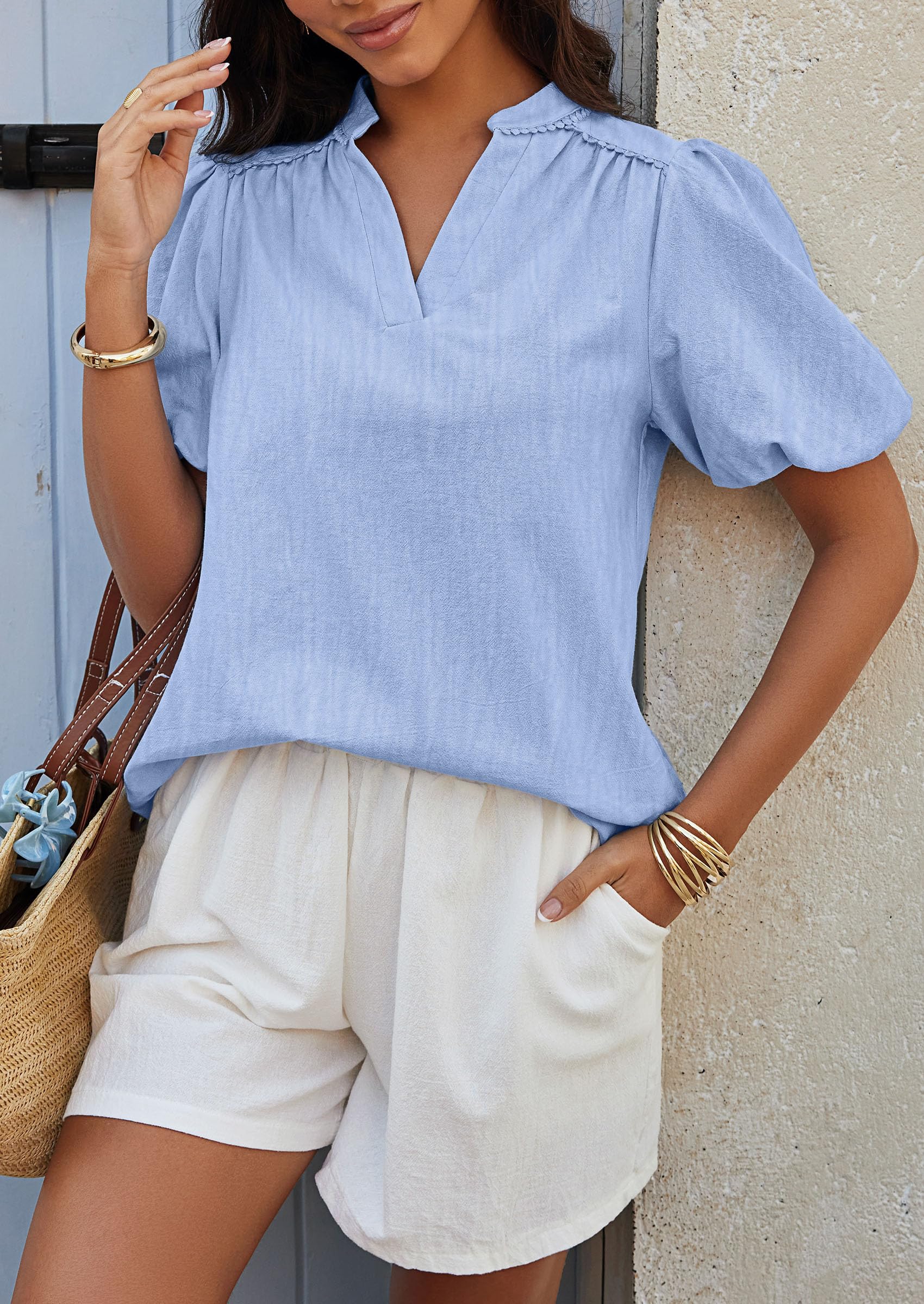 PRETTYGARDEN Womens Casual Summer Tops V Neck Short Puff Sleeve Pleated Cotton T Shirts Loose Dressy Blouses