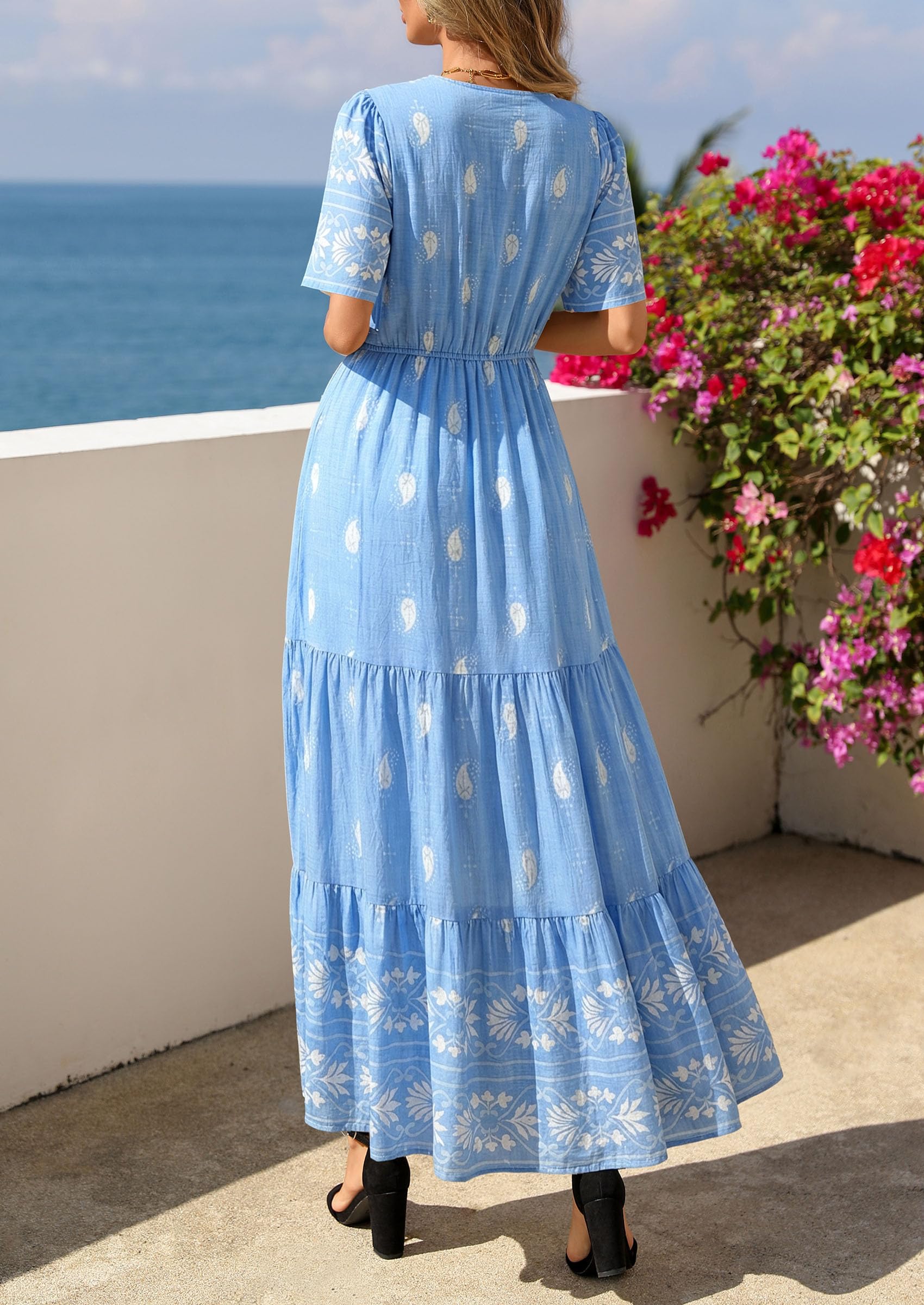 PRETTYGARDEN Womens Summer Boho Maxi Dress Trendy Short Sleeve V Neck Flowy Beach Floral Dresses with Pockets PRETTYGARDEN