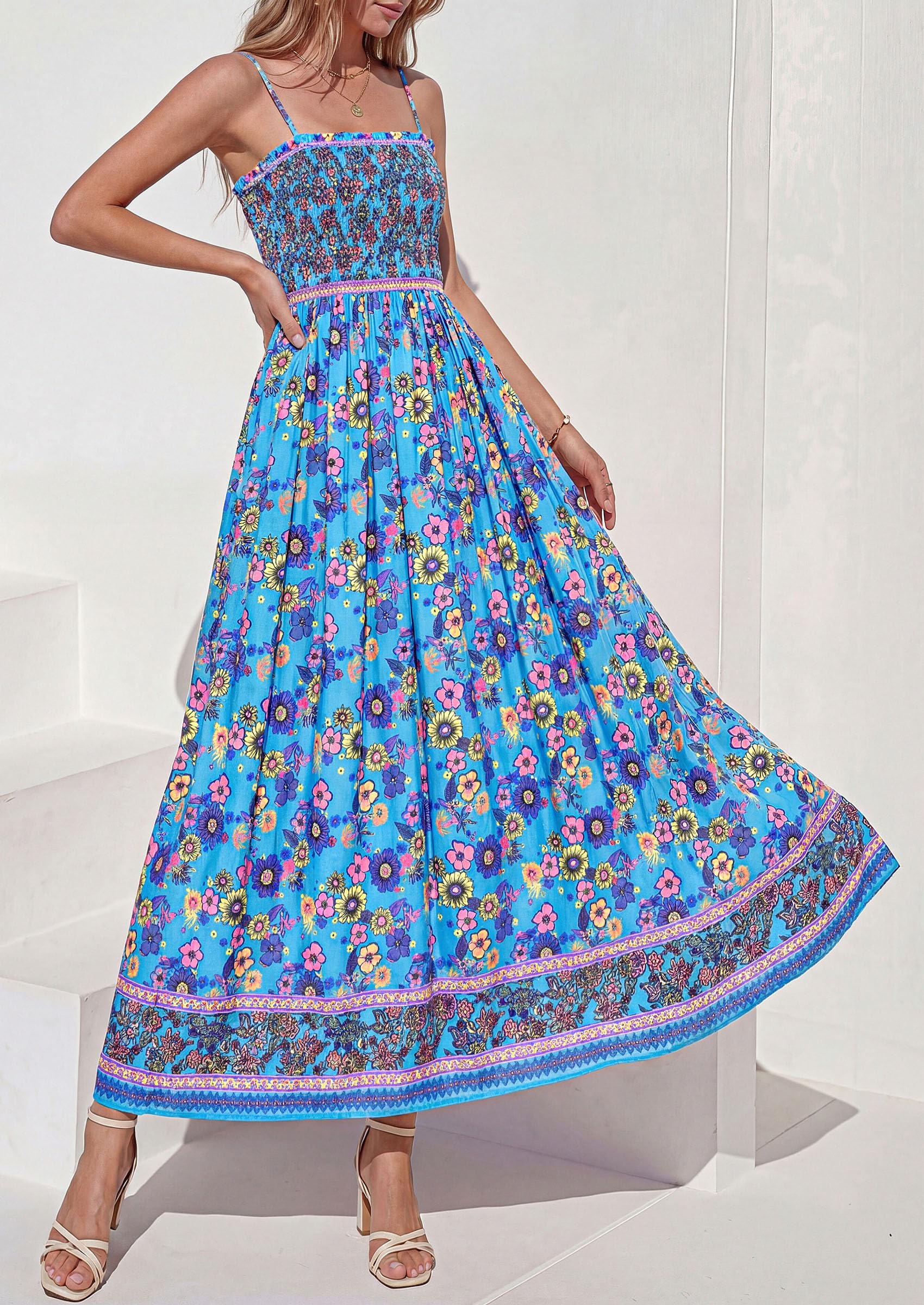 PRETTYGARDEN Womens Floral Maxi Dress Boho Casual Summer Spaghetti Strap Smocked Sleeveless Flowy Beach Vacation Dresses