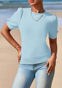 PRETTYGARDEN Womens Tops Spring Summer Puff Short Sleeve Sweater Crewneck Knit Work Blouses Dressy Casual Trendy Shirts PRETTYGARDEN