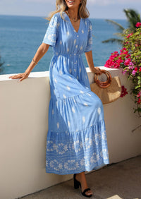 PRETTYGARDEN Womens Summer Boho Maxi Dress Trendy Short Sleeve V Neck Flowy Beach Floral Dresses with Pockets PRETTYGARDEN