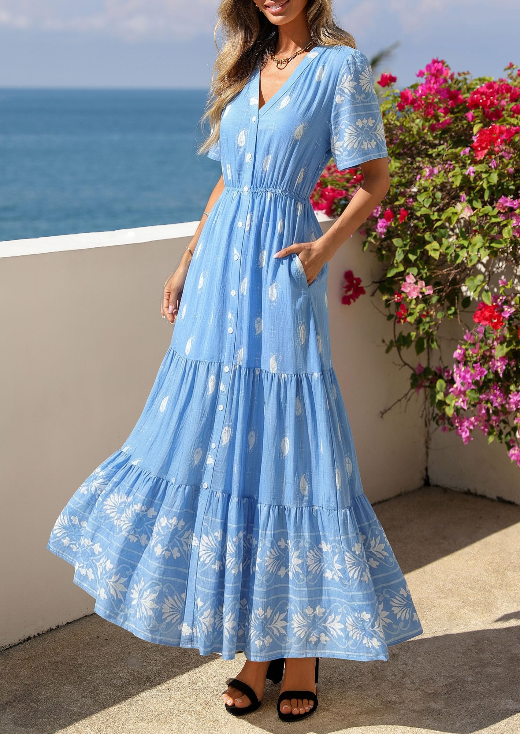 PRETTYGARDEN Womens Summer Boho Maxi Dress Trendy Short Sleeve V Neck Flowy Beach Floral Dresses with Pockets PRETTYGARDEN