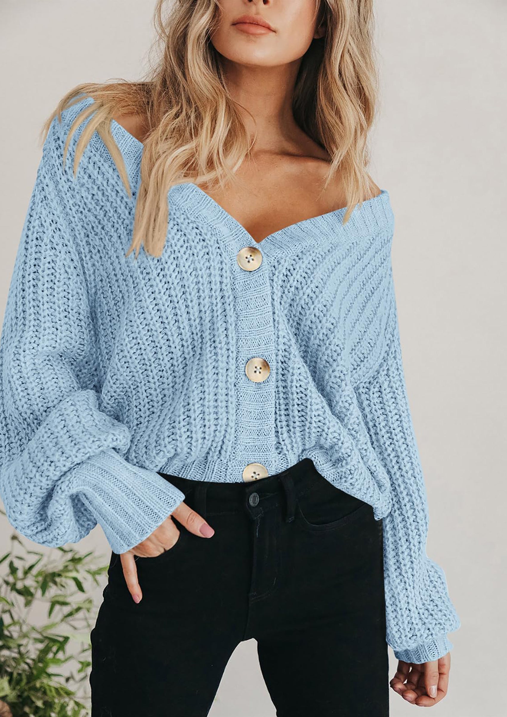 PRETTYGARDEN Women's Chunky Knit Open Front Sweater Long Sleeve Button Loose Short Cardigan Outerwear Coats