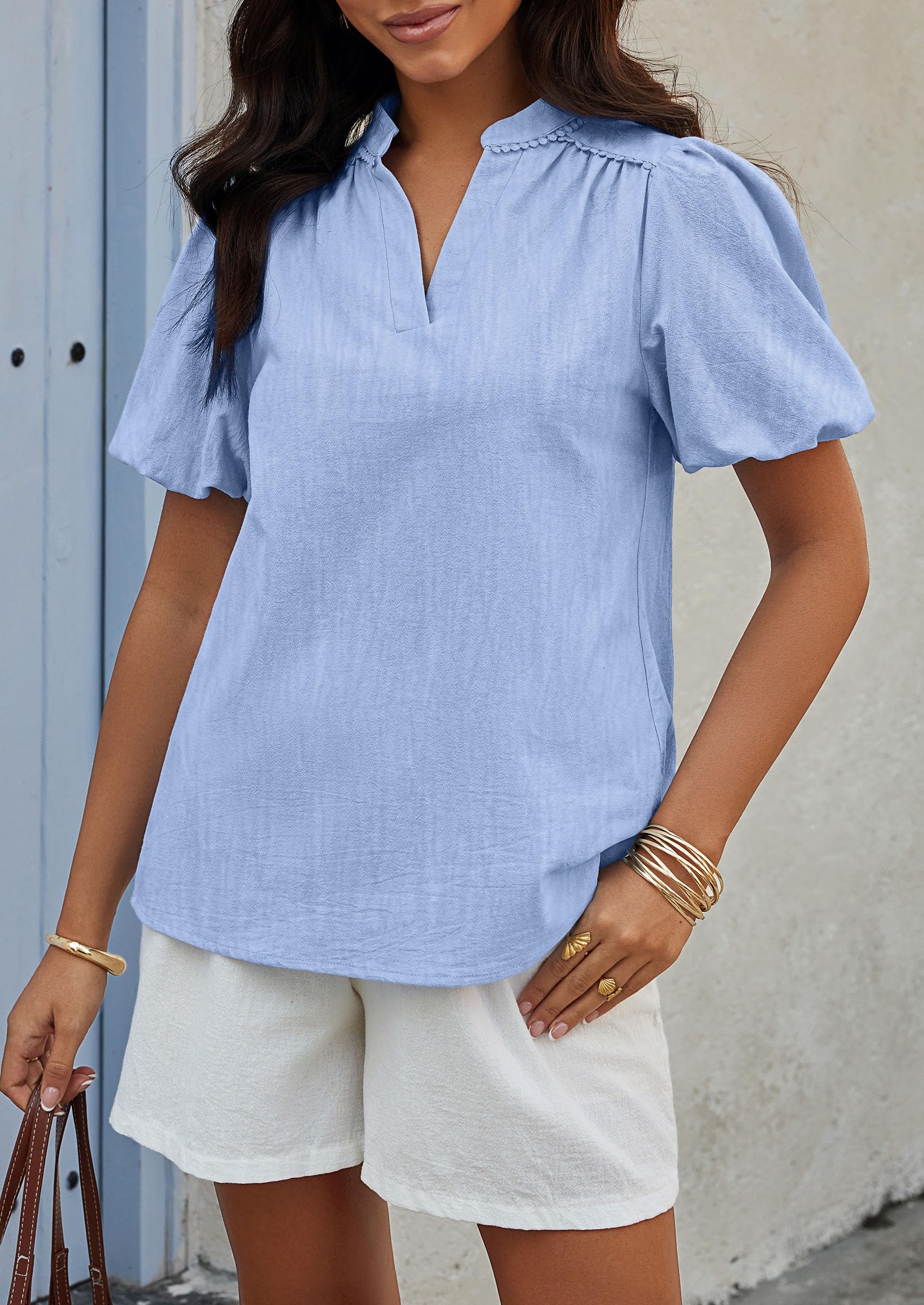 PRETTYGARDEN Womens Casual Summer Tops V Neck Short Puff Sleeve Pleated Cotton T Shirts Loose Dressy Blouses