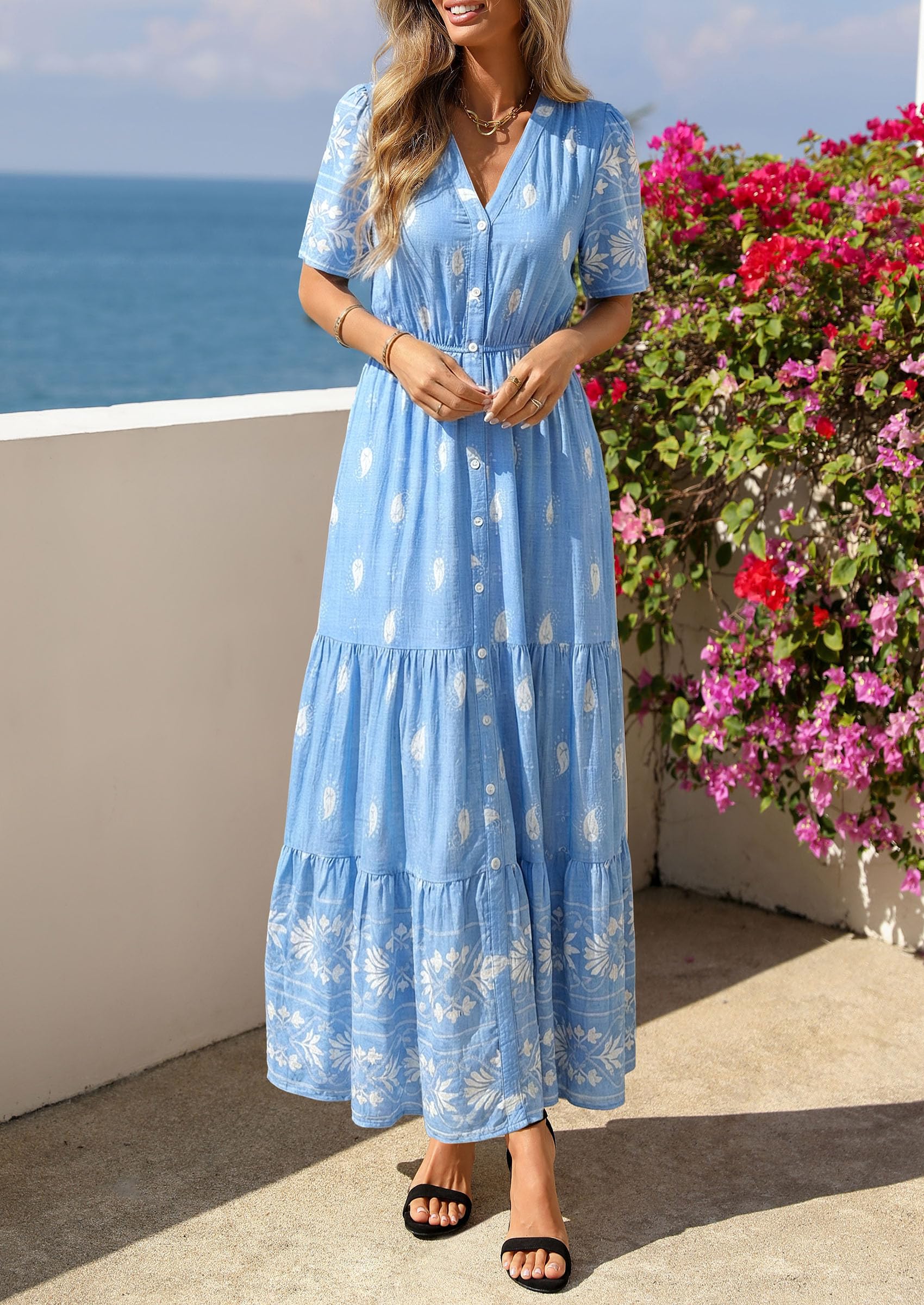 PRETTYGARDEN Womens Summer Boho Maxi Dress Trendy Short Sleeve V Neck Flowy Beach Floral Dresses with Pockets PRETTYGARDEN