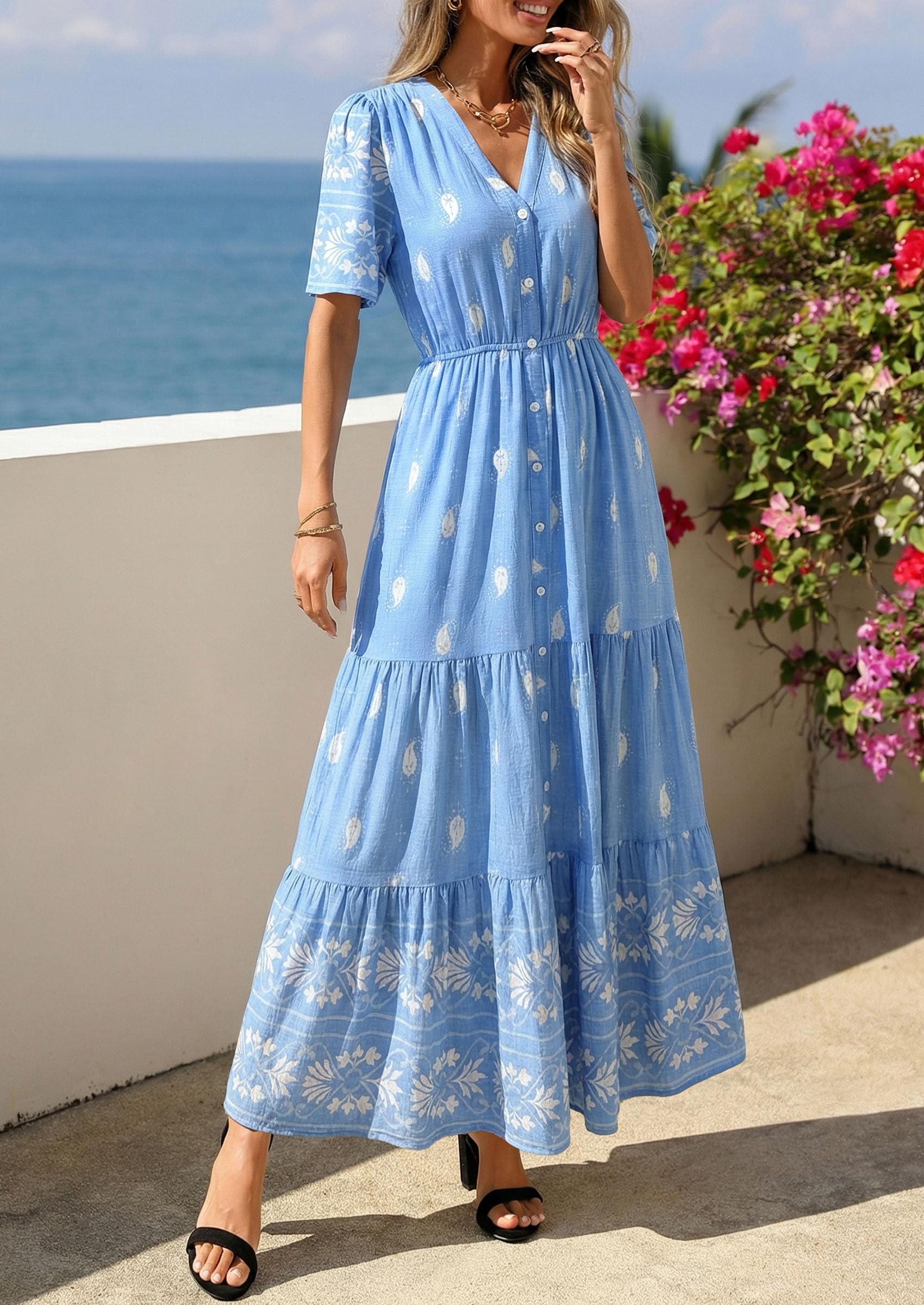 PRETTYGARDEN Womens Summer Boho Maxi Dress Trendy Short Sleeve V Neck Flowy Beach Floral Dresses with Pockets PRETTYGARDEN