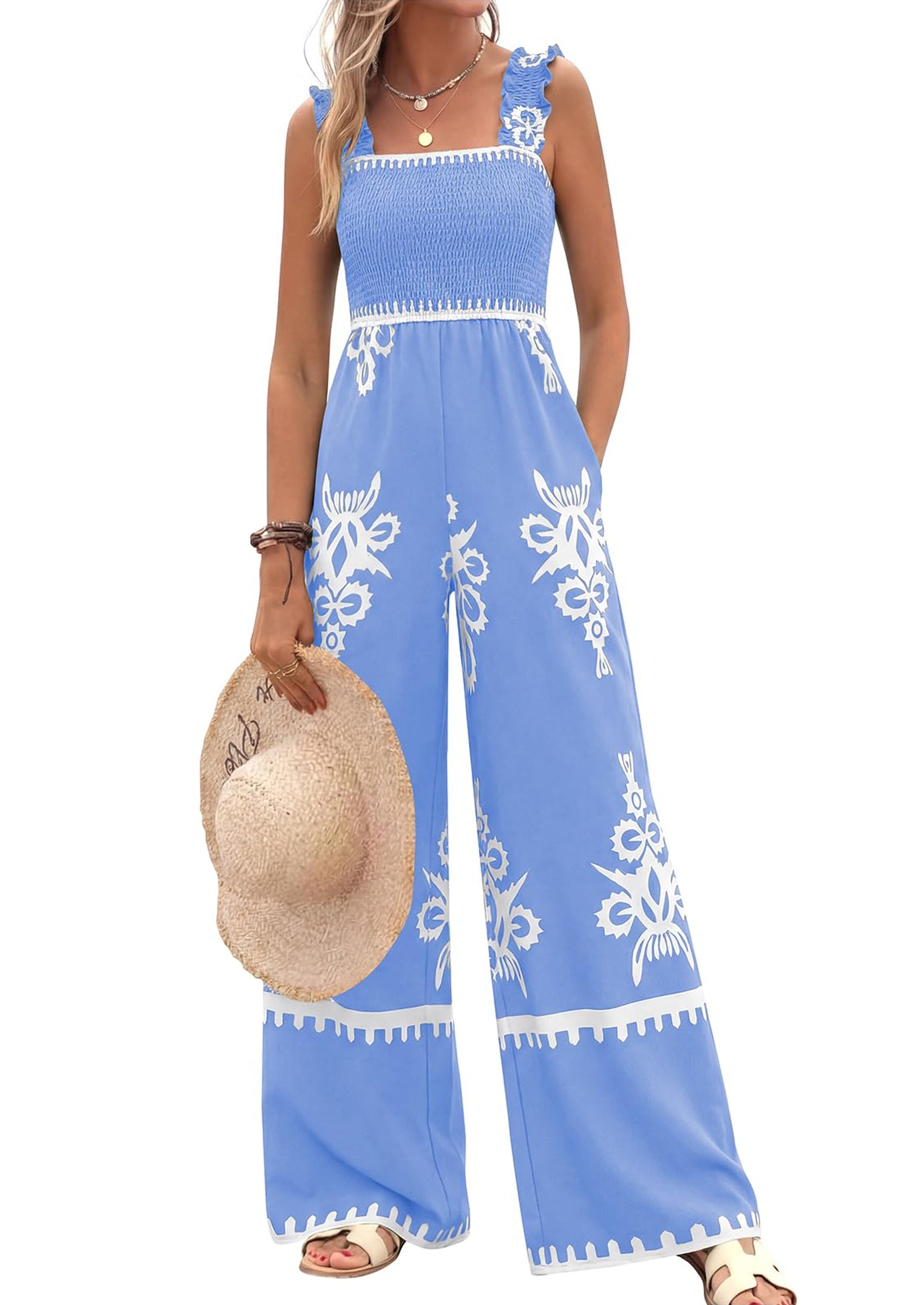 PRETTYGARDEN Womens Jumpsuit Casual One Piece Boho Summer Outfits Shirred Strap Wide Leg Long Pants Rompers With Pockets